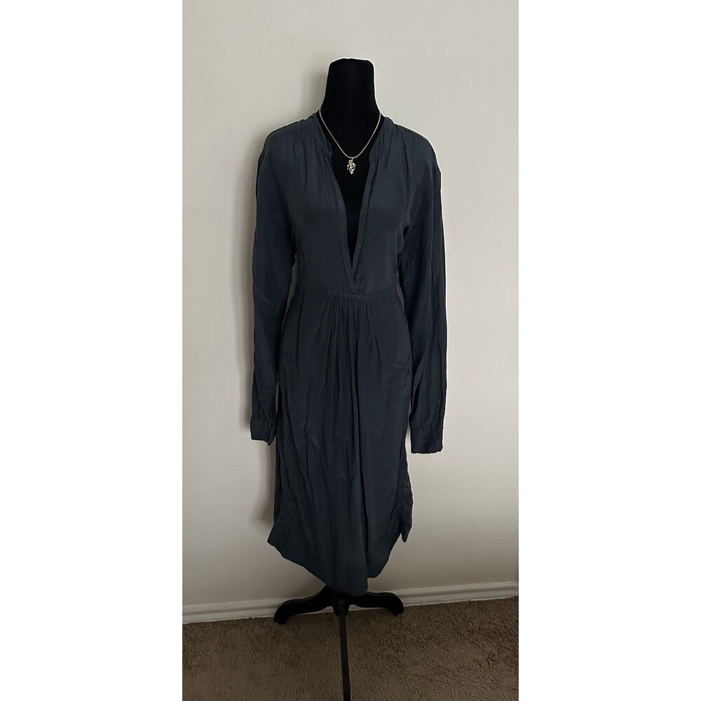 CP Shades Blue Long/Midi Dress in Cotton-Silk Blend with V-Neck and Pockets SZ L - Picture 2 of 16